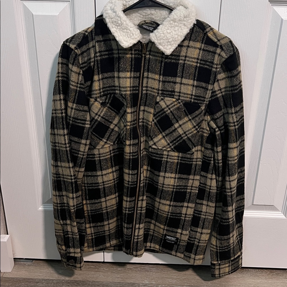 WESC plaid Sherpa trim zip up
